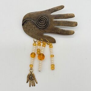 Vintage Bronze Healing Hand Brooch Dangle Beads Amber White Boho Statement Pin